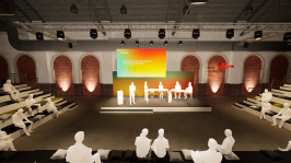 Visualisierung der Themenwelt 'Arena' auf dem BDEW Kongress 2025 mit Blick auf die Bühne