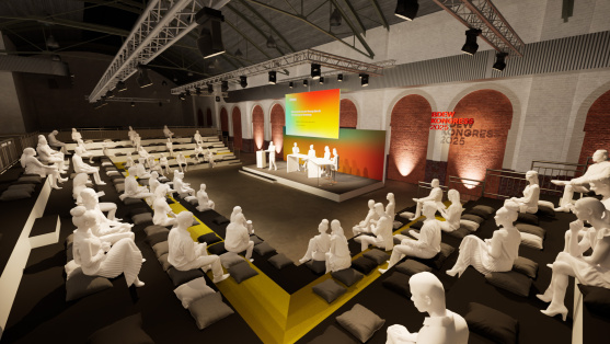 Visualisierung der Themenwelt 'Arena' auf dem BDEW Kongress 2025 mit Blick von rechts
