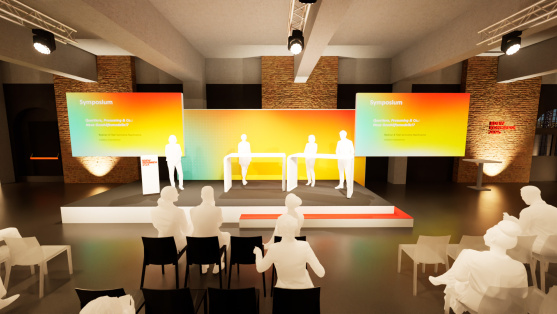 Visualisierung der Themenwelt 'Symposium' auf dem BDEW Kongress 2025 mit Blick auf die Bühne